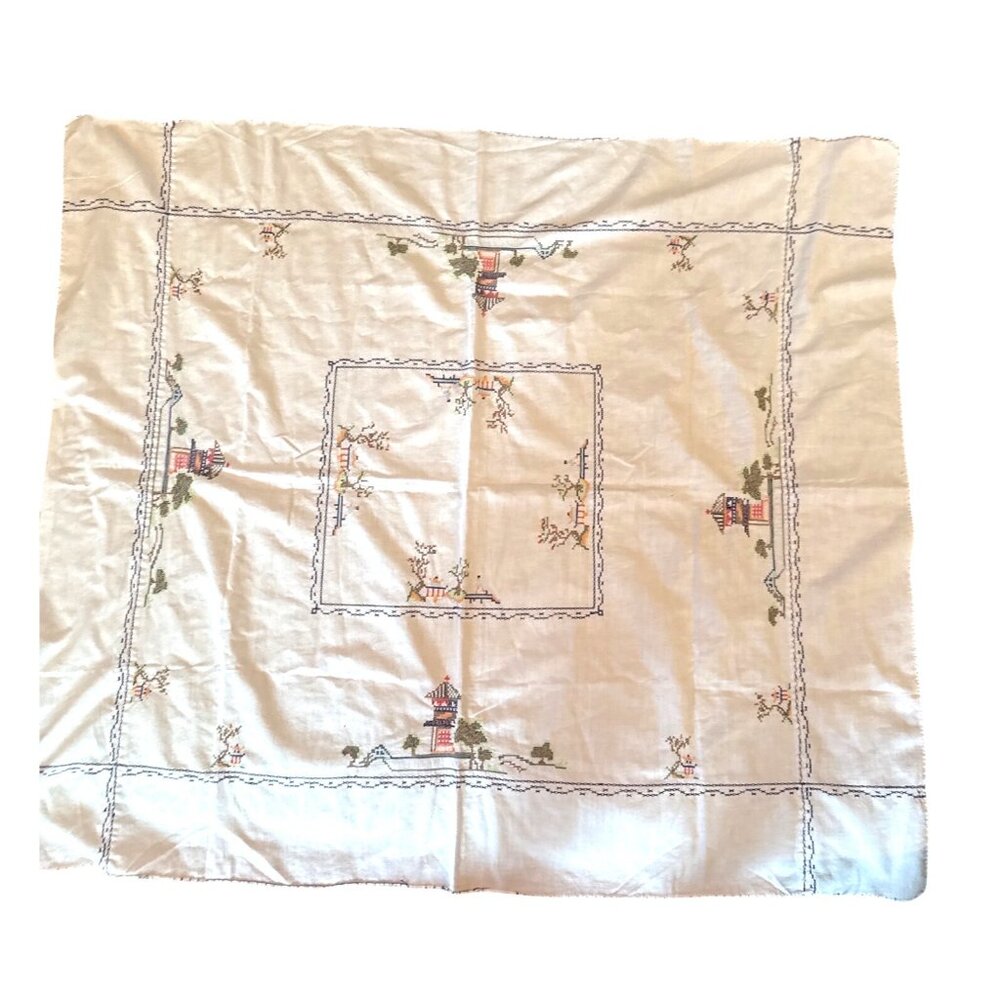Vintage Hand-Embroidered Tablecloth With Scenic Design